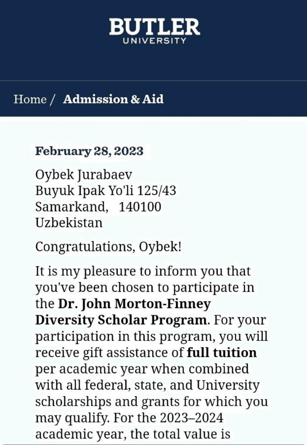 Certificate from Butler University